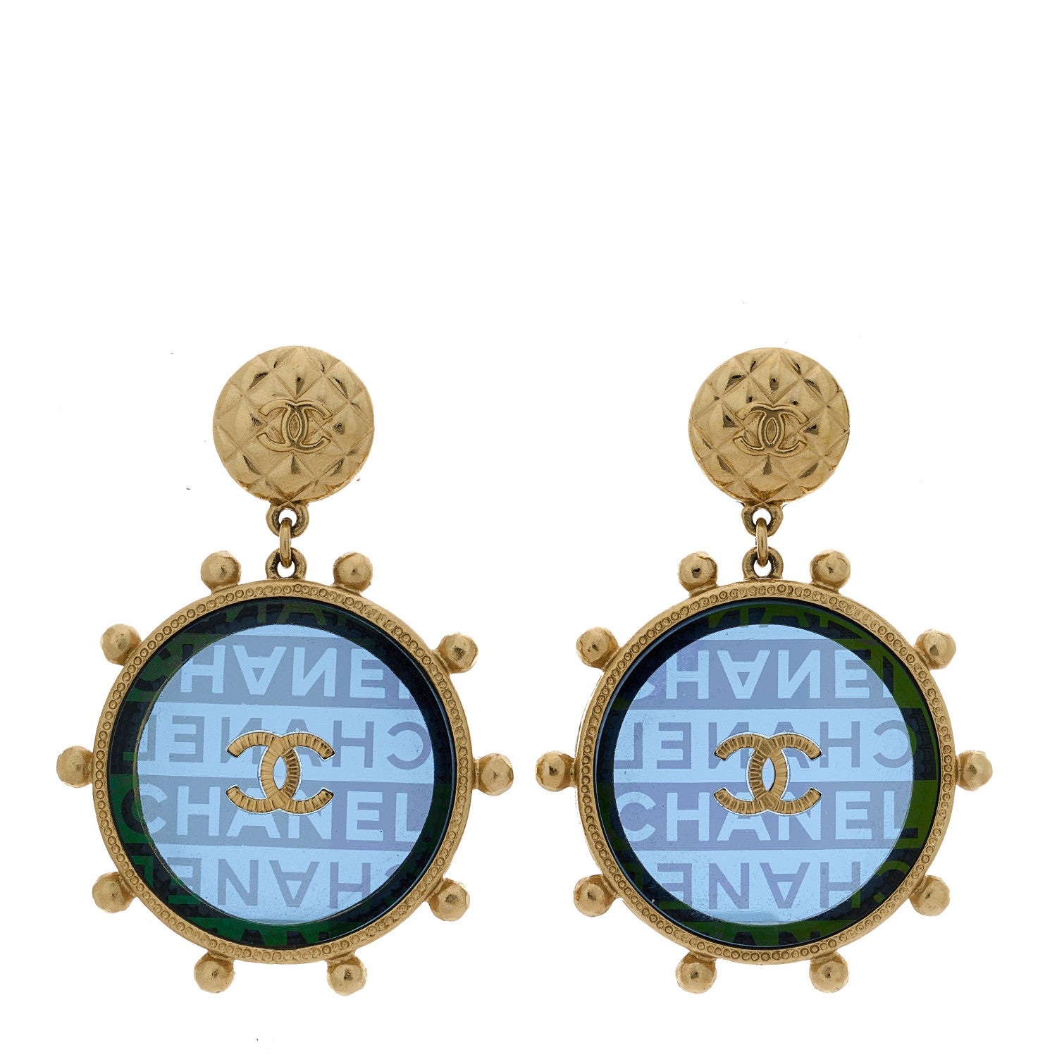 Chanel Resin CC Disc Drop Earrings Blue Gold 1 of 5