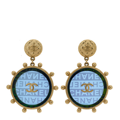 Chanel Resin CC Disc Drop Earrings Blue Gold 1 of 5