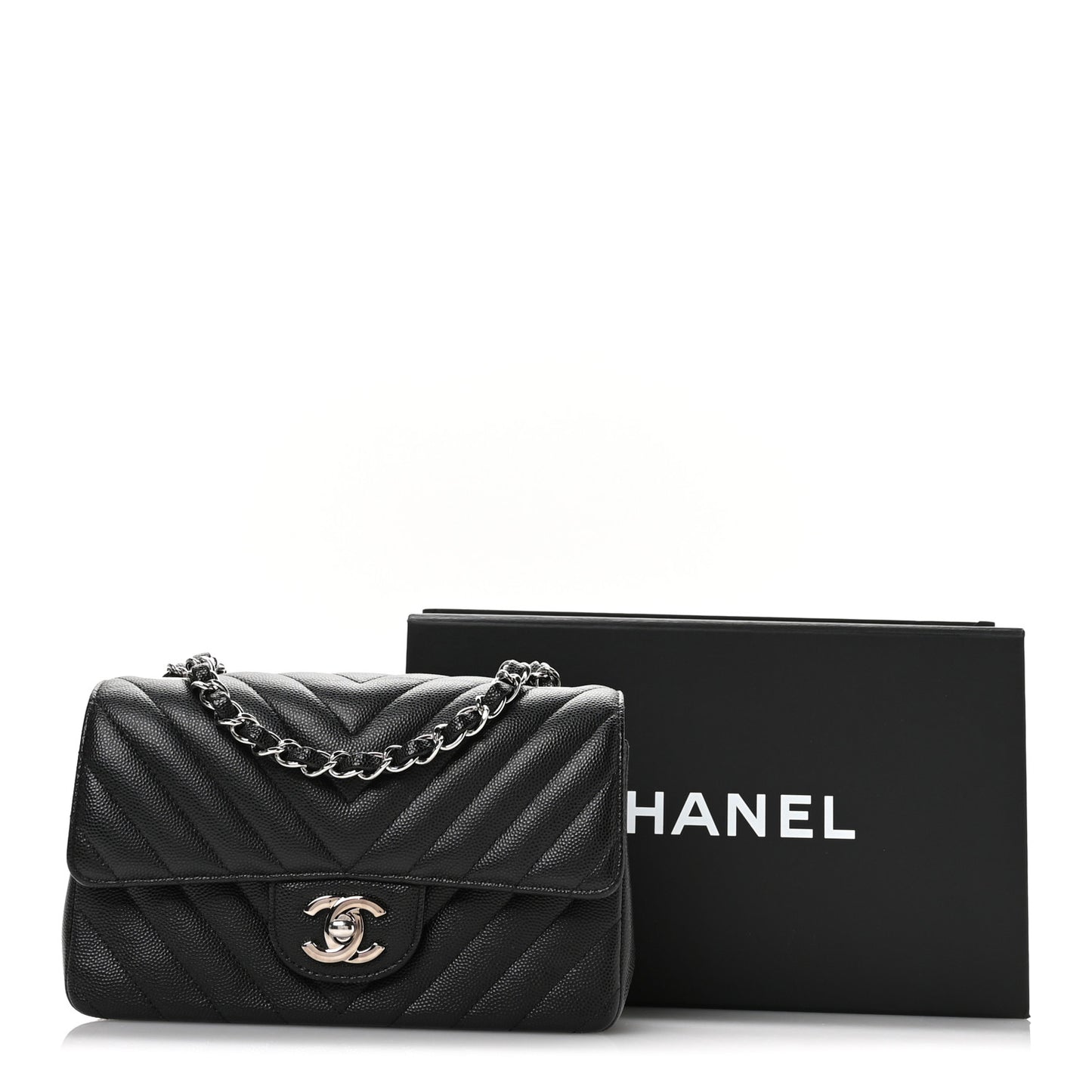 Caviar Chevron Quilted Mini Rectangular Flap Black