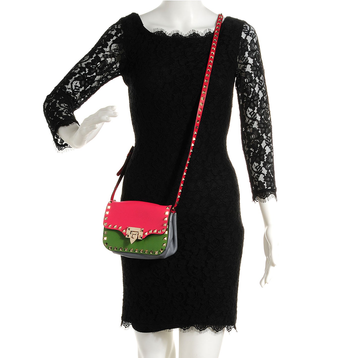 Vitello Colorblock Mini Rockstud Flap Saddle Crossbody Bag Deep Rose Green Grey Scarlet