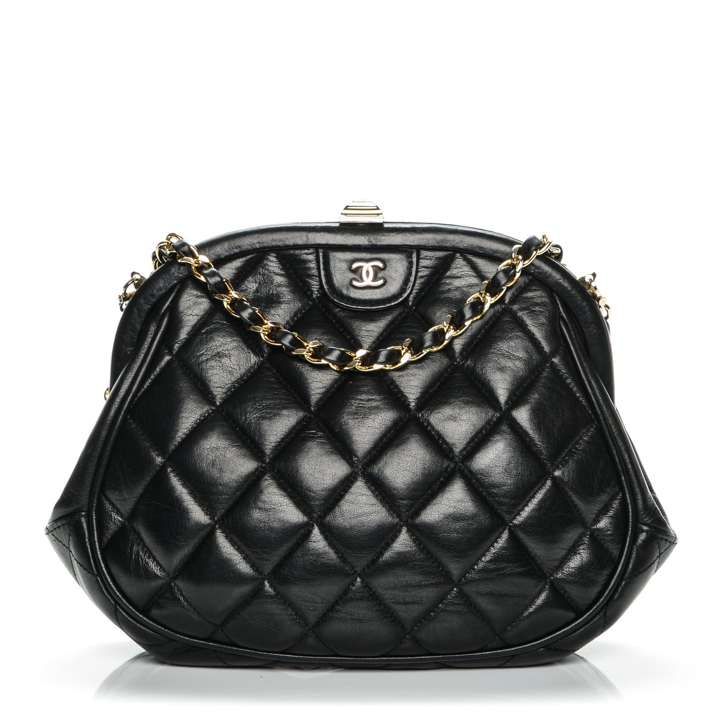 Calfskin Quilted Kisslock Frame Bag Black