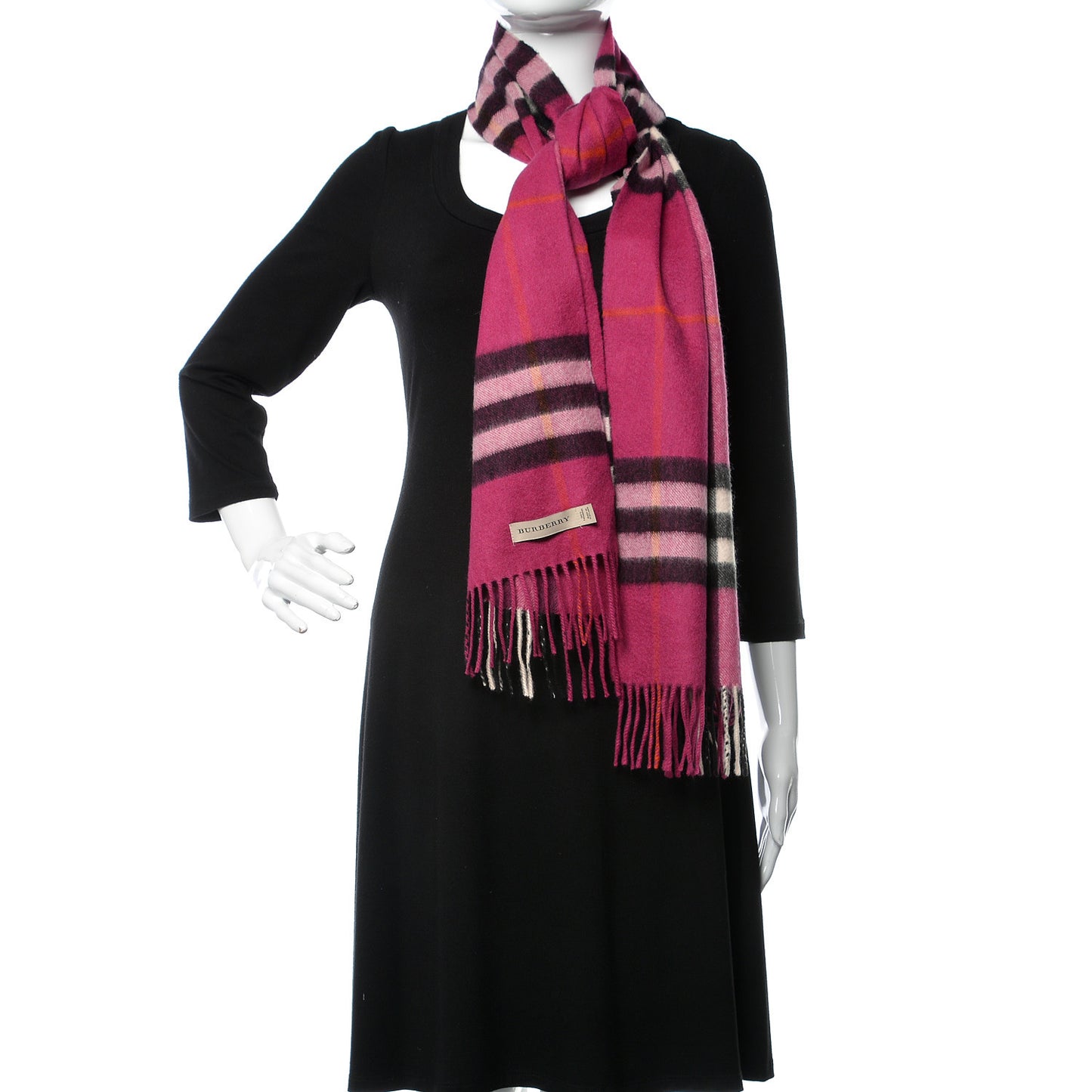 Cashmere Giant Check Fringe Scarf Fuchsia
