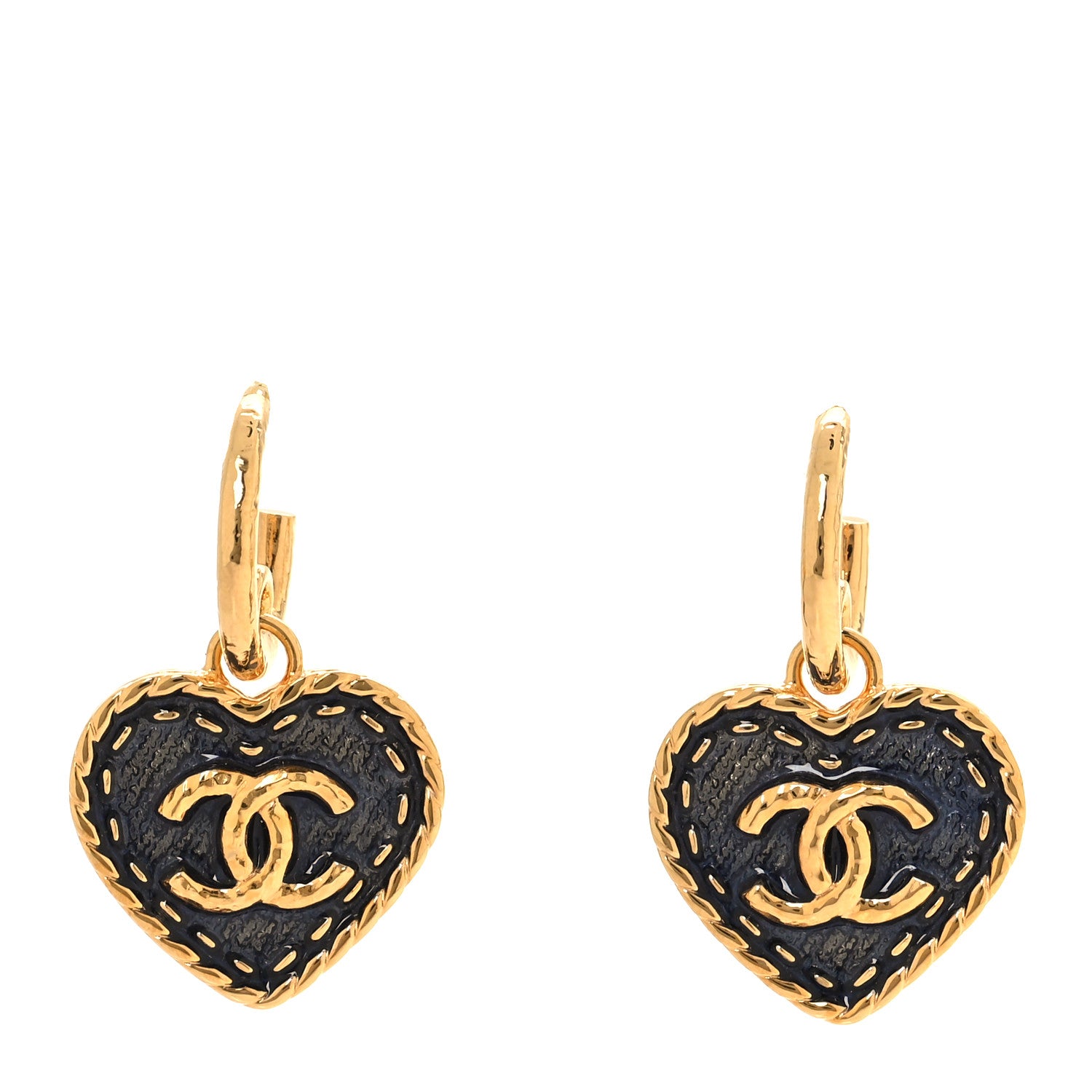 Chanel Metal Enamel CC Denim Heart Drop Earrings Gold Blue 1 of 5