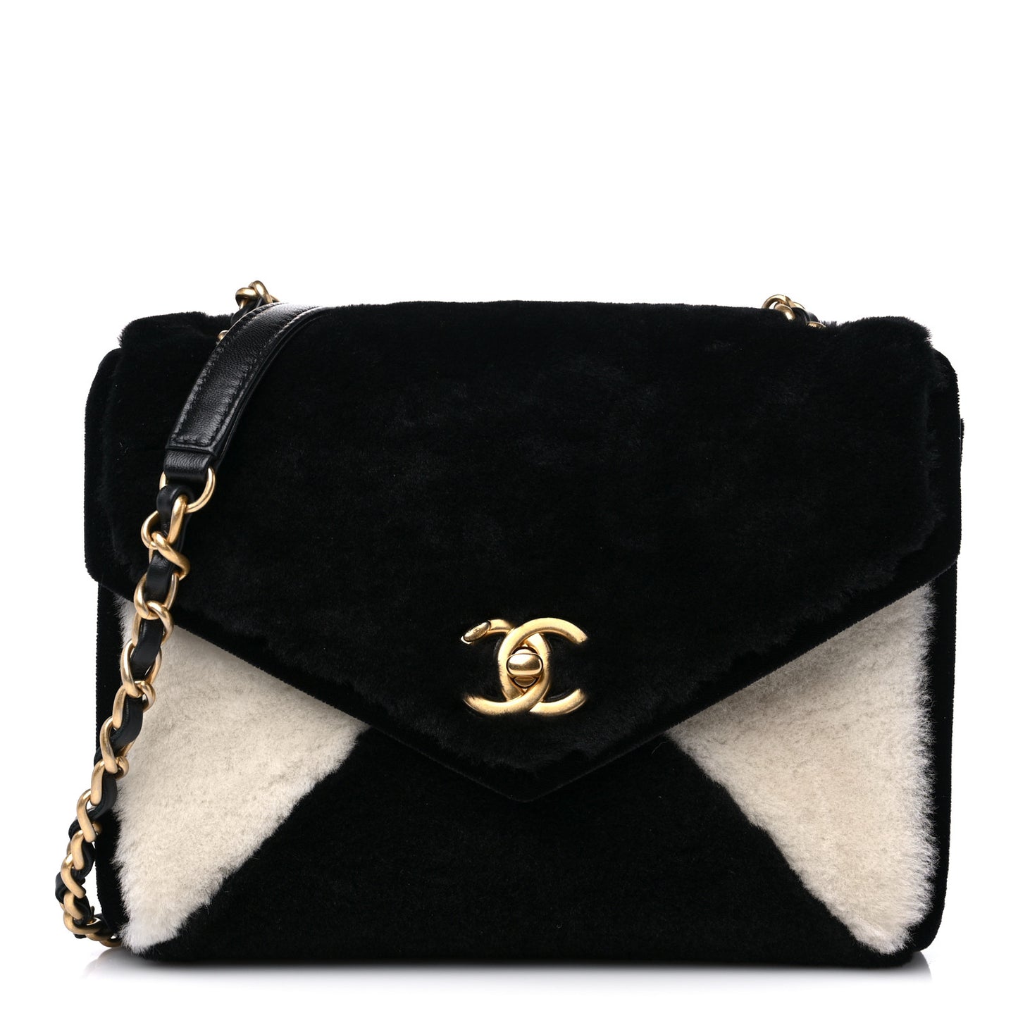 Shearling Checkered Flap Bag Black White