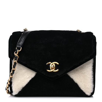 Chanel Shearling Checkered Flap Bag Black White 1 of 12