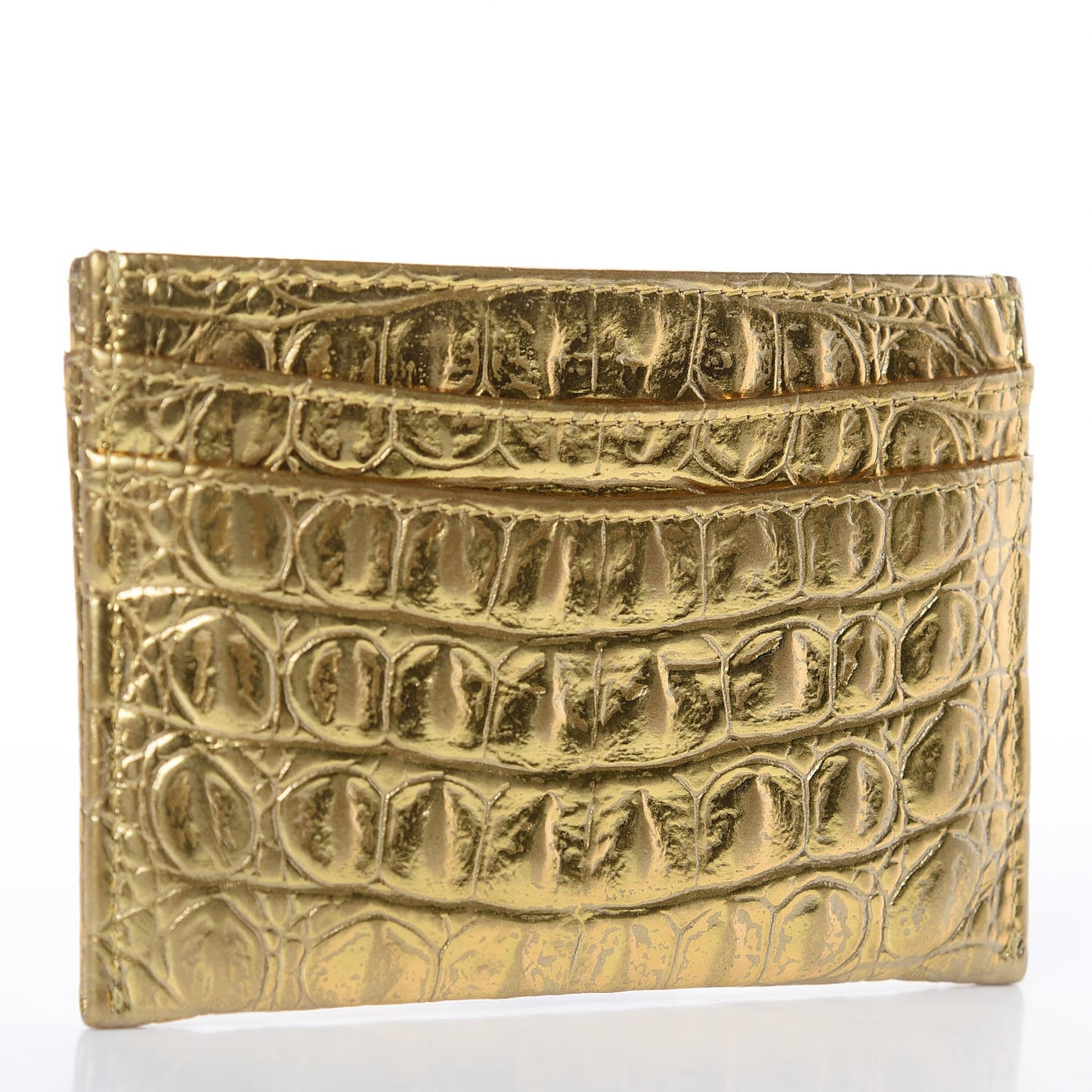 Metallic Calfskin Crocodile Embossed Cocodile Card Holder Gold