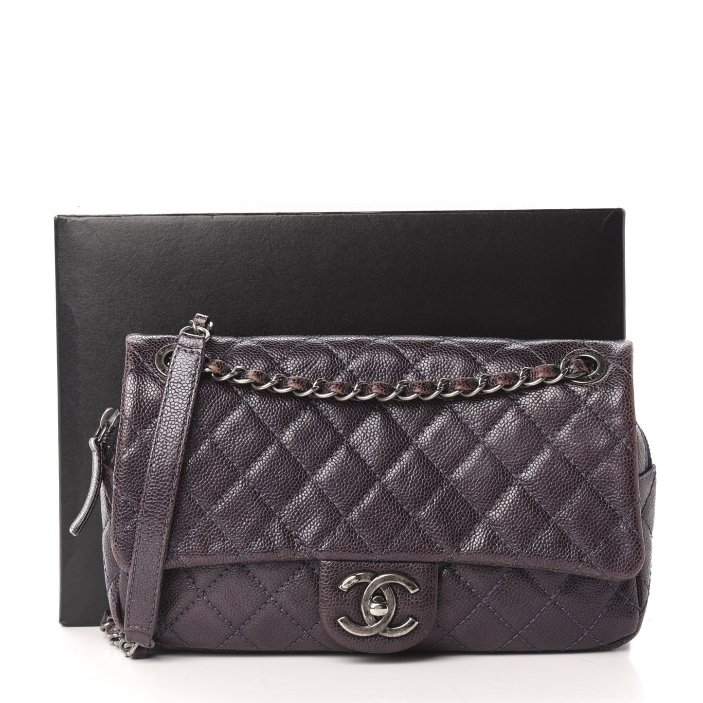 Iridescent Caviar Quilted Small Chic Flap Dark Purple