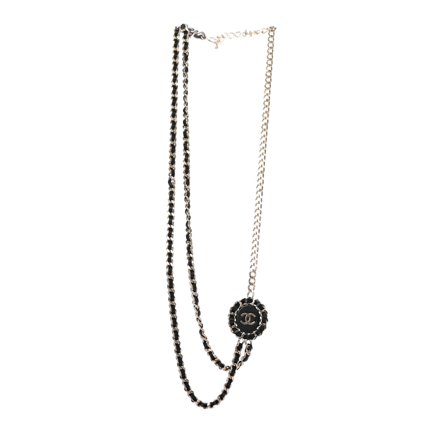 Lambskin CC Long Chain Necklace Black Gold