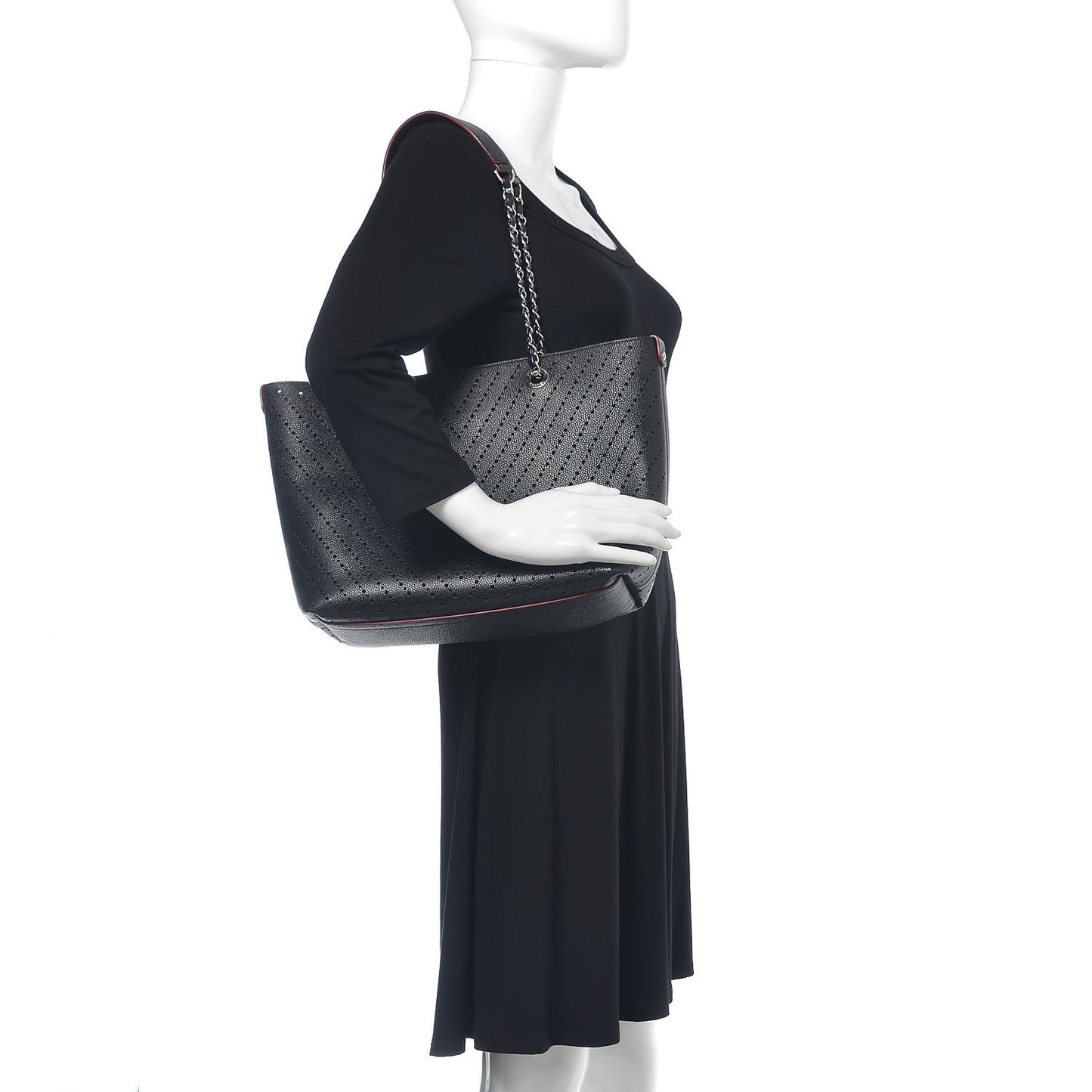 Perforated Grained Calfskin Large Shopping Tote Black