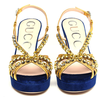 Gucci Velvet Nappa Crystal Zephyra Slingback Platform High Heel Sandals 37.5 Blue Gold 2 of 10