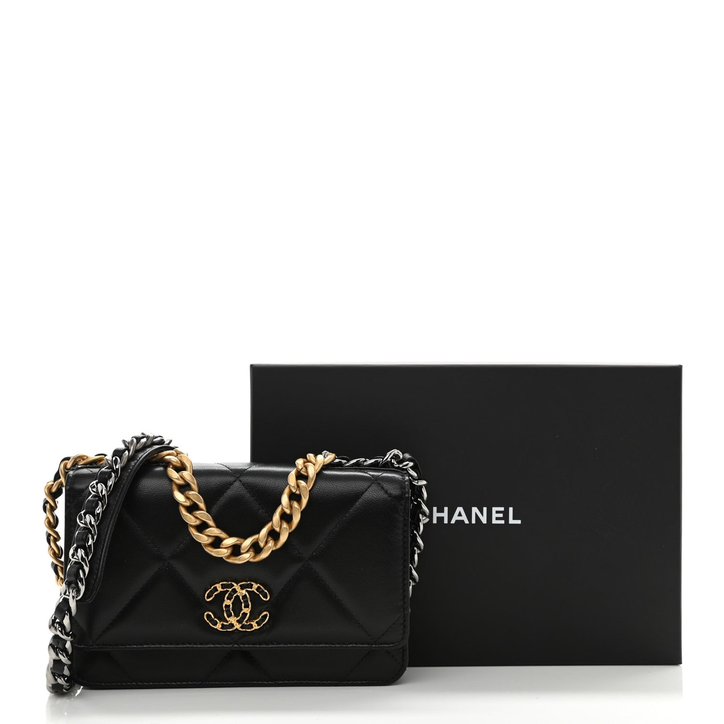Goatskin Quilted Chanel 19 Wallet On Chain WOC Black