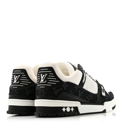 Louis Vuitton Calfskin Embossed Monogram Denim Mens LV Trainer Sneakers 8 Black 5 of 10