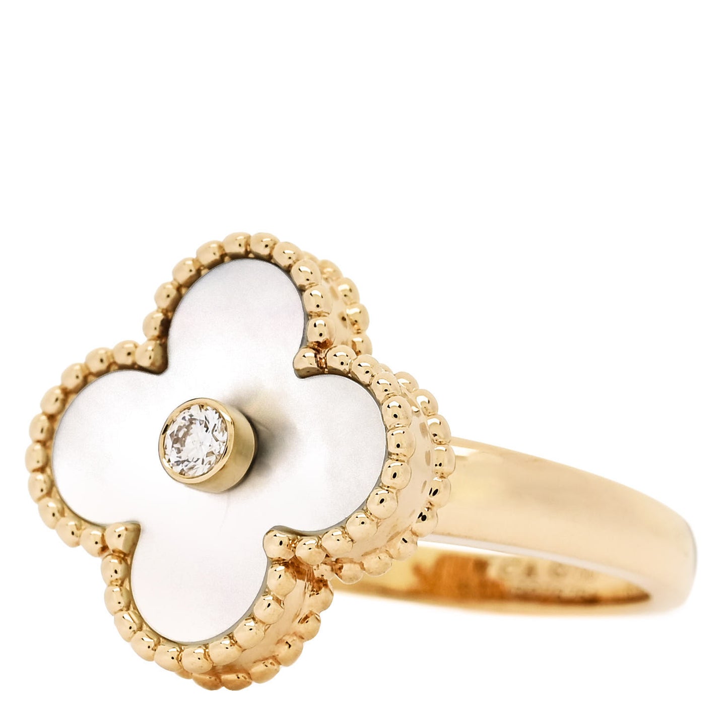 18K Yellow Gold Diamond Mother of Pearl Vintage Alhambra Ring 50 5.25