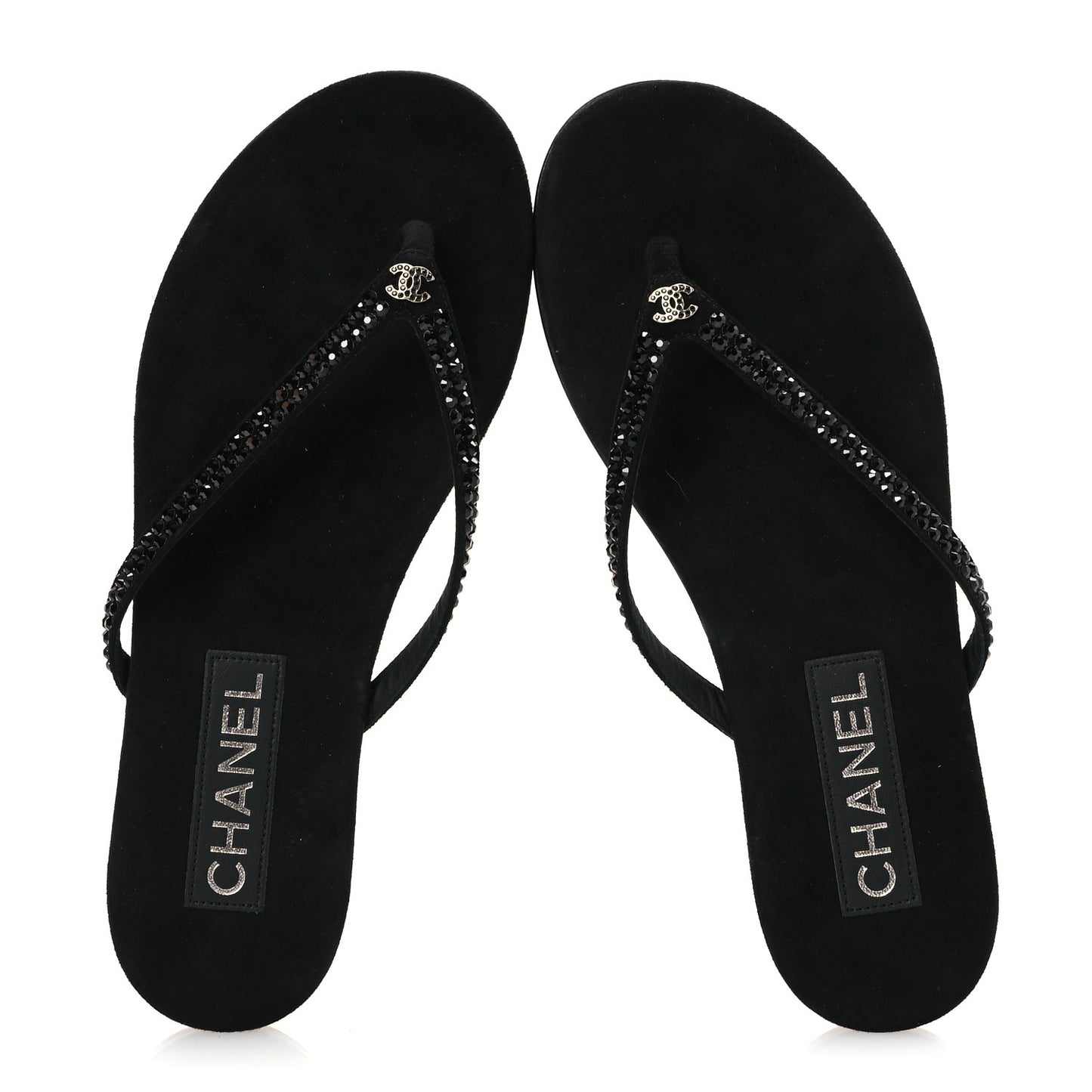 Suede Kidskin Strass CC Thong Sandals 37.5 Black