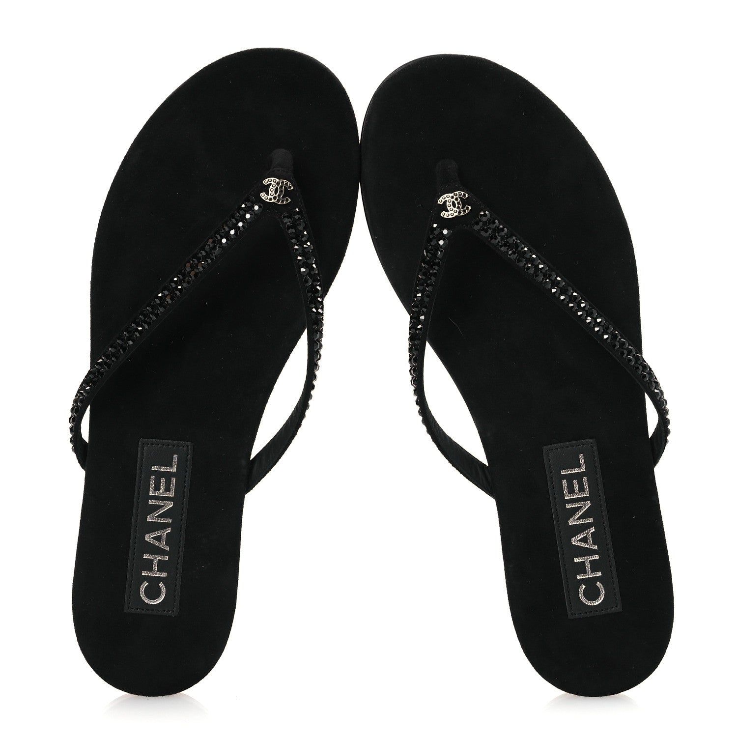 Chanel Suede Kidskin Strass CC Thong Sandals 37.5 Black 2 of 10