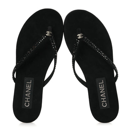 Chanel Suede Kidskin Strass CC Thong Sandals 37.5 Black 2 of 10