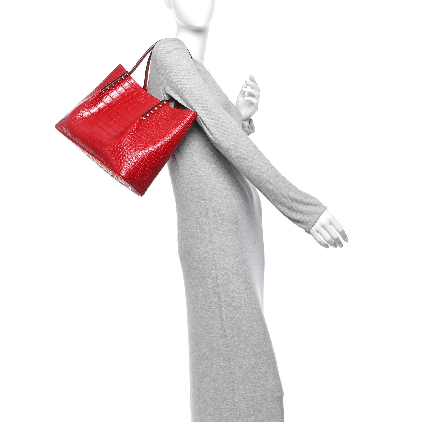 Crocodile Embossed Calfskin Spiked Small Cabarock Shopper Tote Red