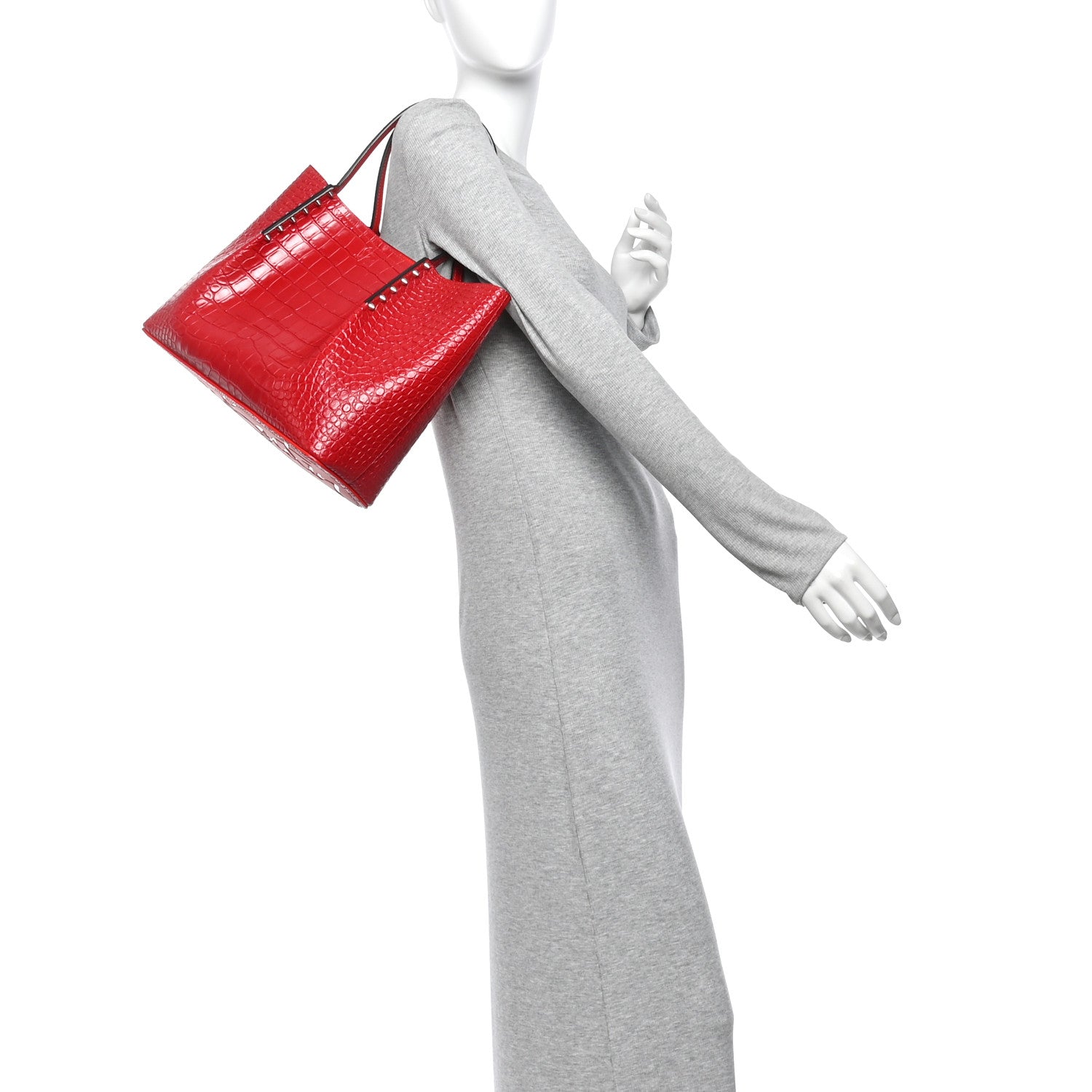 Christian Louboutin Crocodile Embossed Calfskin Spiked Small Cabarock Shopper Tote Red 2 of 10