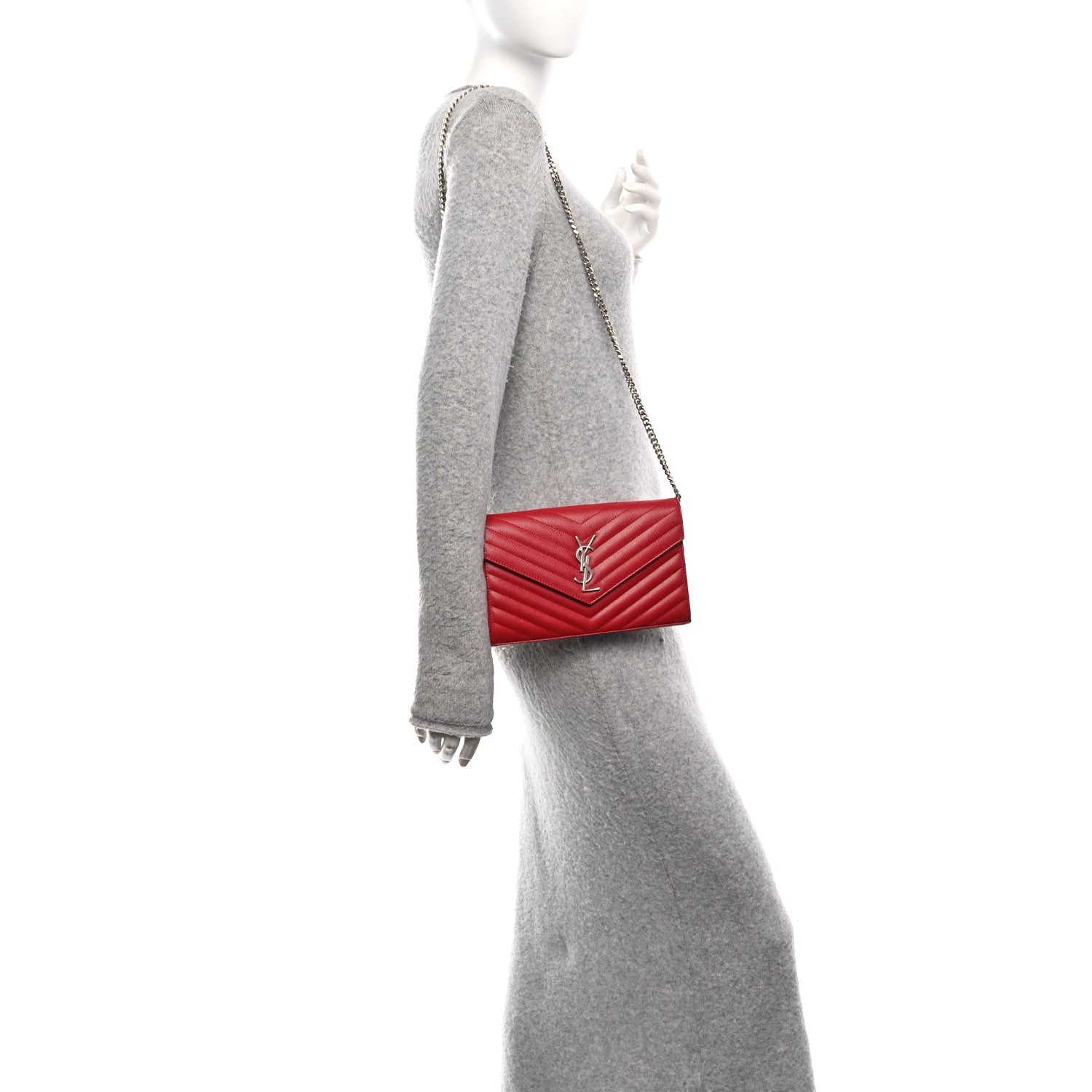 Saint Laurent Grain De Poudre Matelasse Chevron Monogram Chain Wallet Red 2 of 11