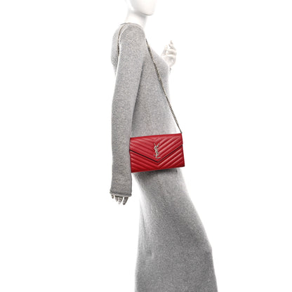 Saint Laurent Grain De Poudre Matelasse Chevron Monogram Chain Wallet Red 2 of 11