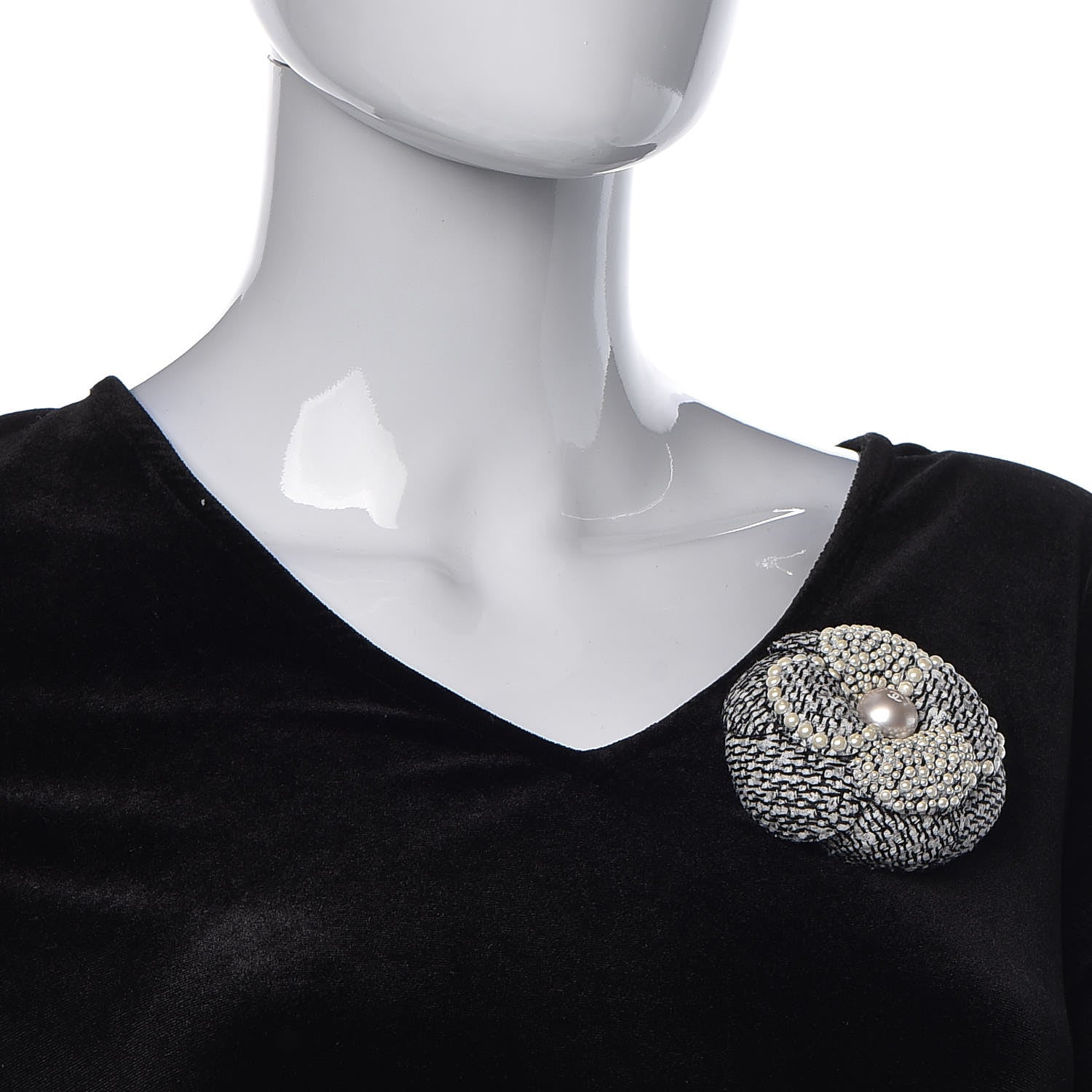 Chanel Tweed Pearl Camellia Brooch Black White Grey 2 of 5