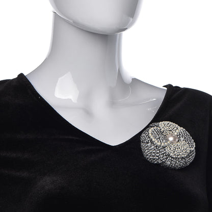 Chanel Tweed Pearl Camellia Brooch Black White Grey 2 of 5