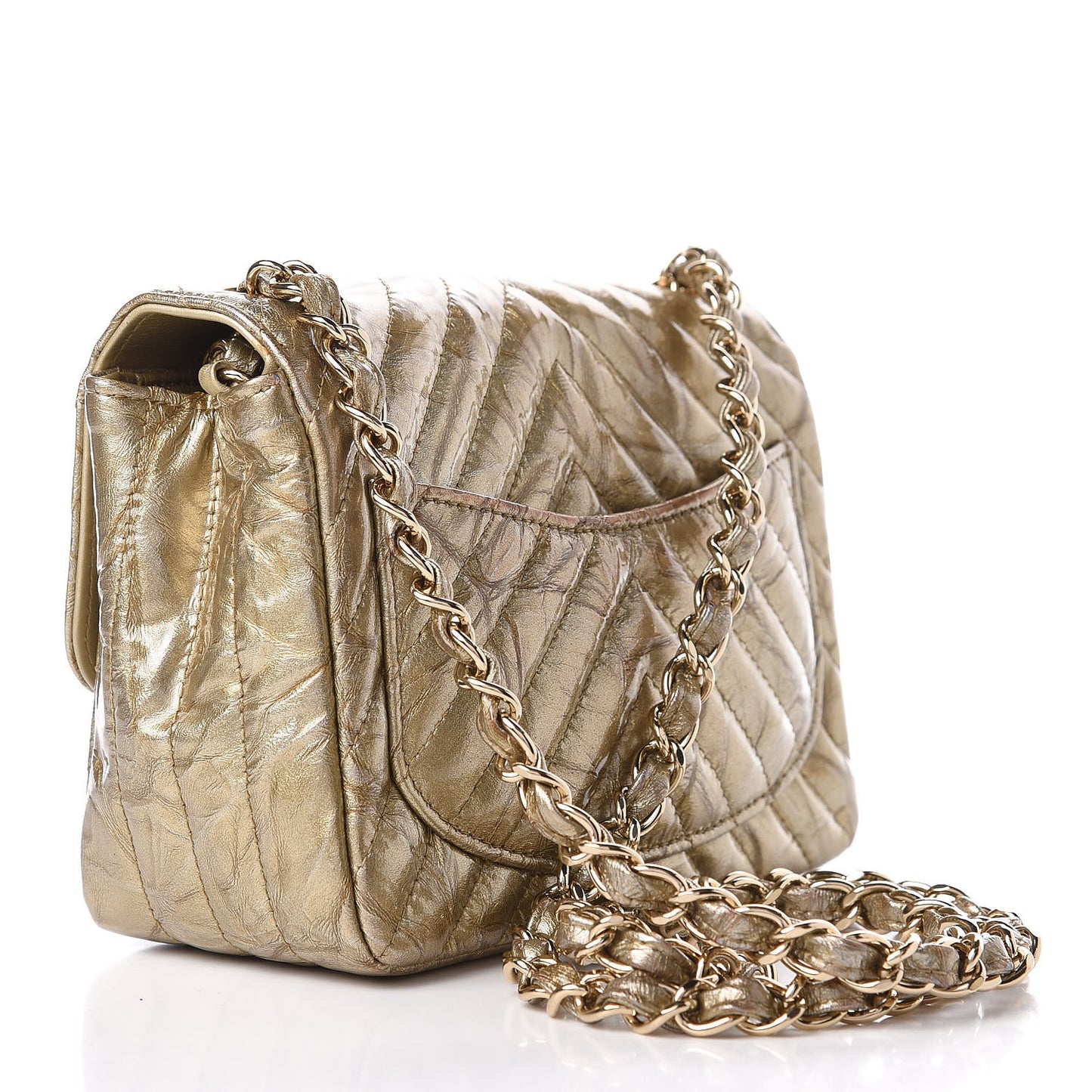 Patent Metallic Crumpled Calfskin Chevron Quilted Mini Rectangular Flap Gold