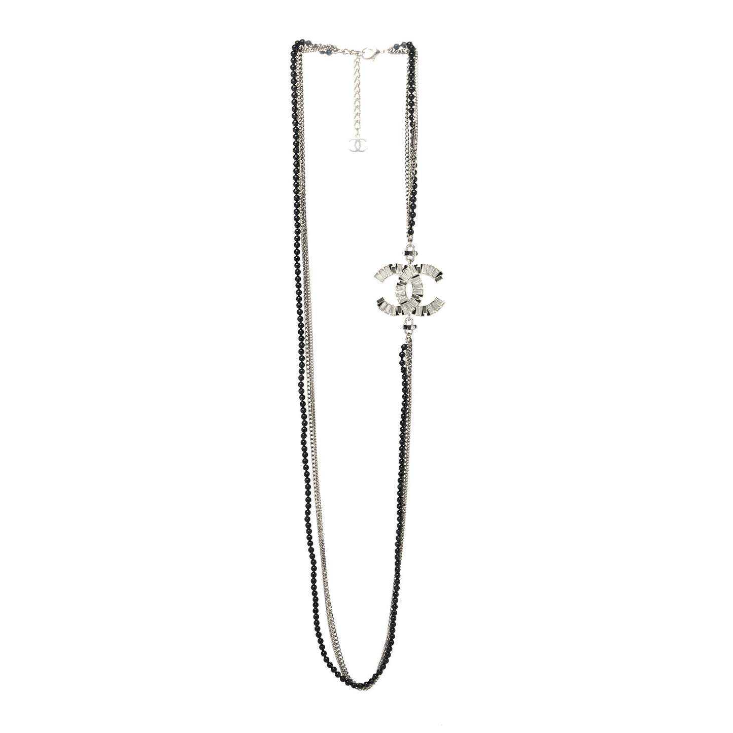 Metal Crystal Baguette Beaded CC Multi Strand Long Necklace Silver Black