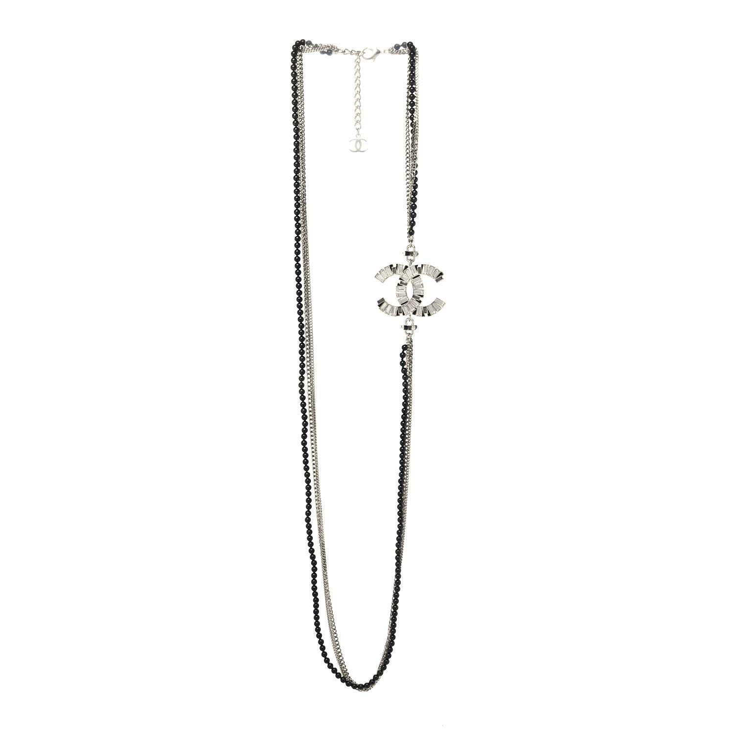 Chanel Metal Crystal Baguette Beaded CC Multi Strand Long Necklace Silver Black 3 of 5