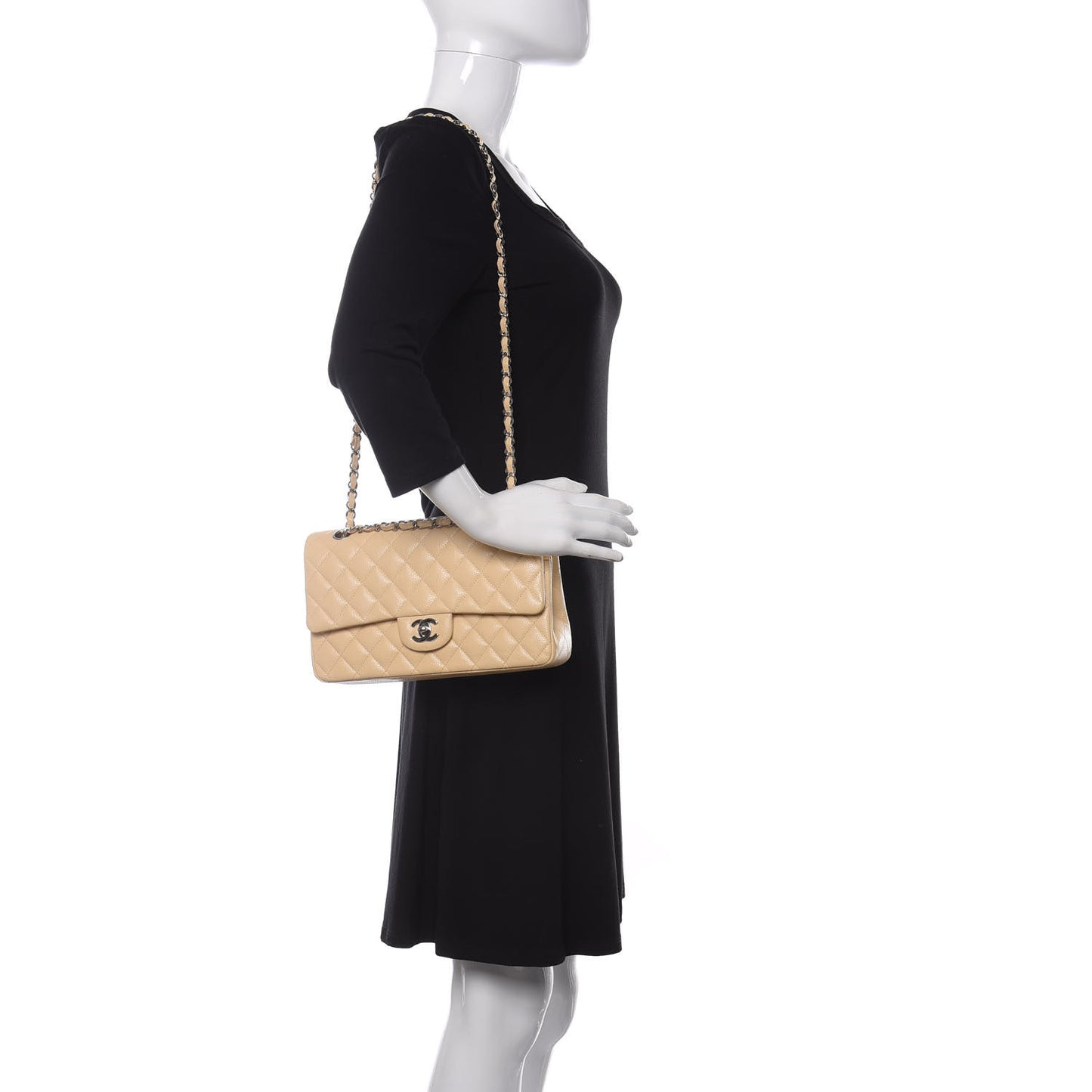 Caviar Quilted Medium Double Flap Beige