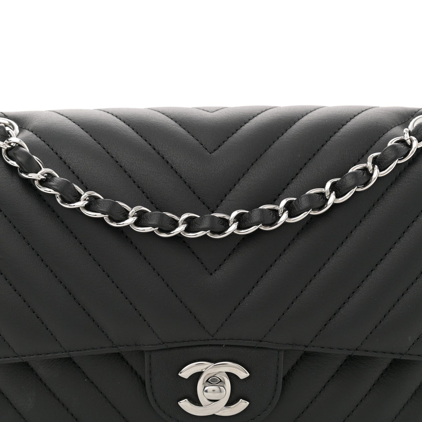 Calfskin Chevron Quilted Medium Double Flap Black