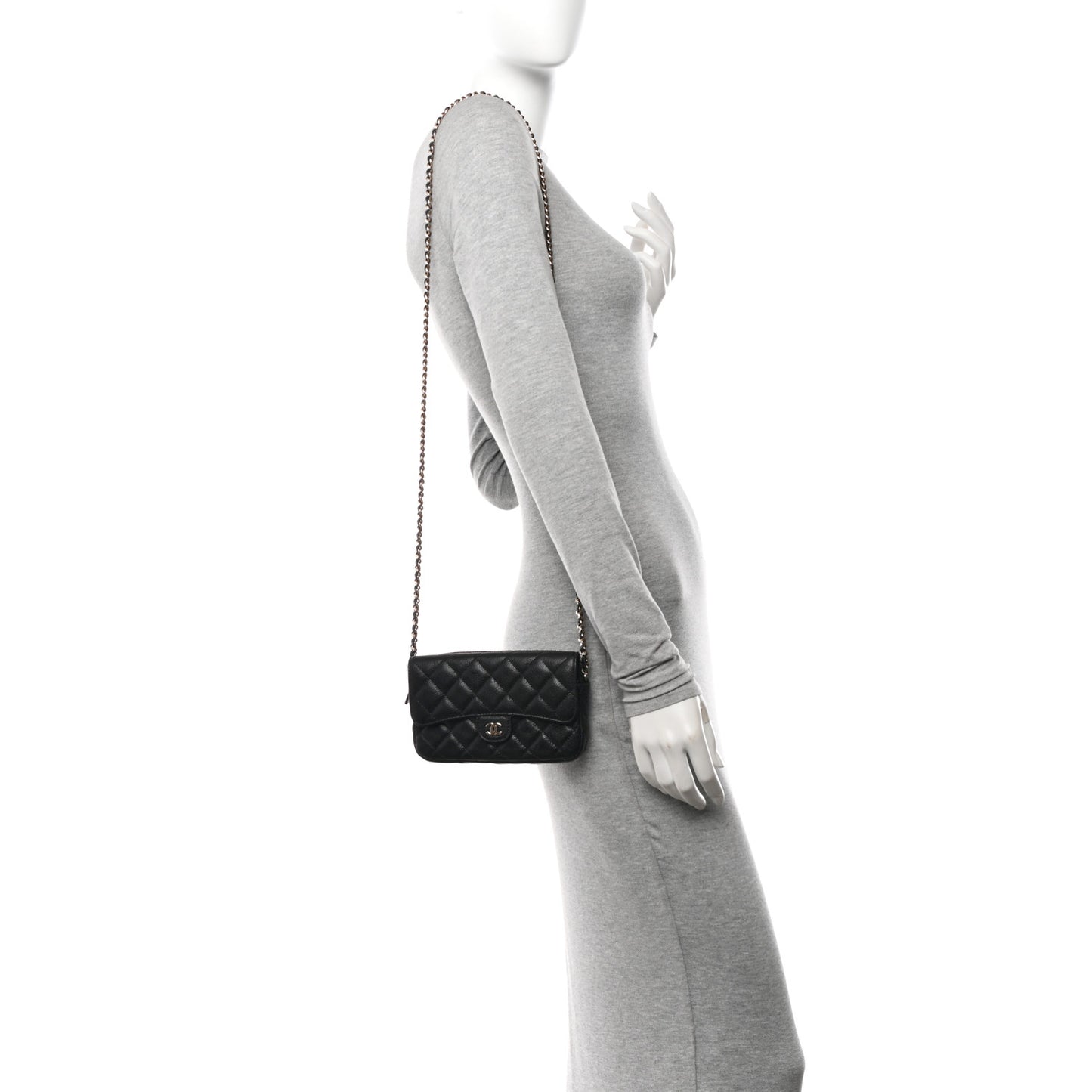 Caviar Quilted Flap Phone Holder With Chain Black