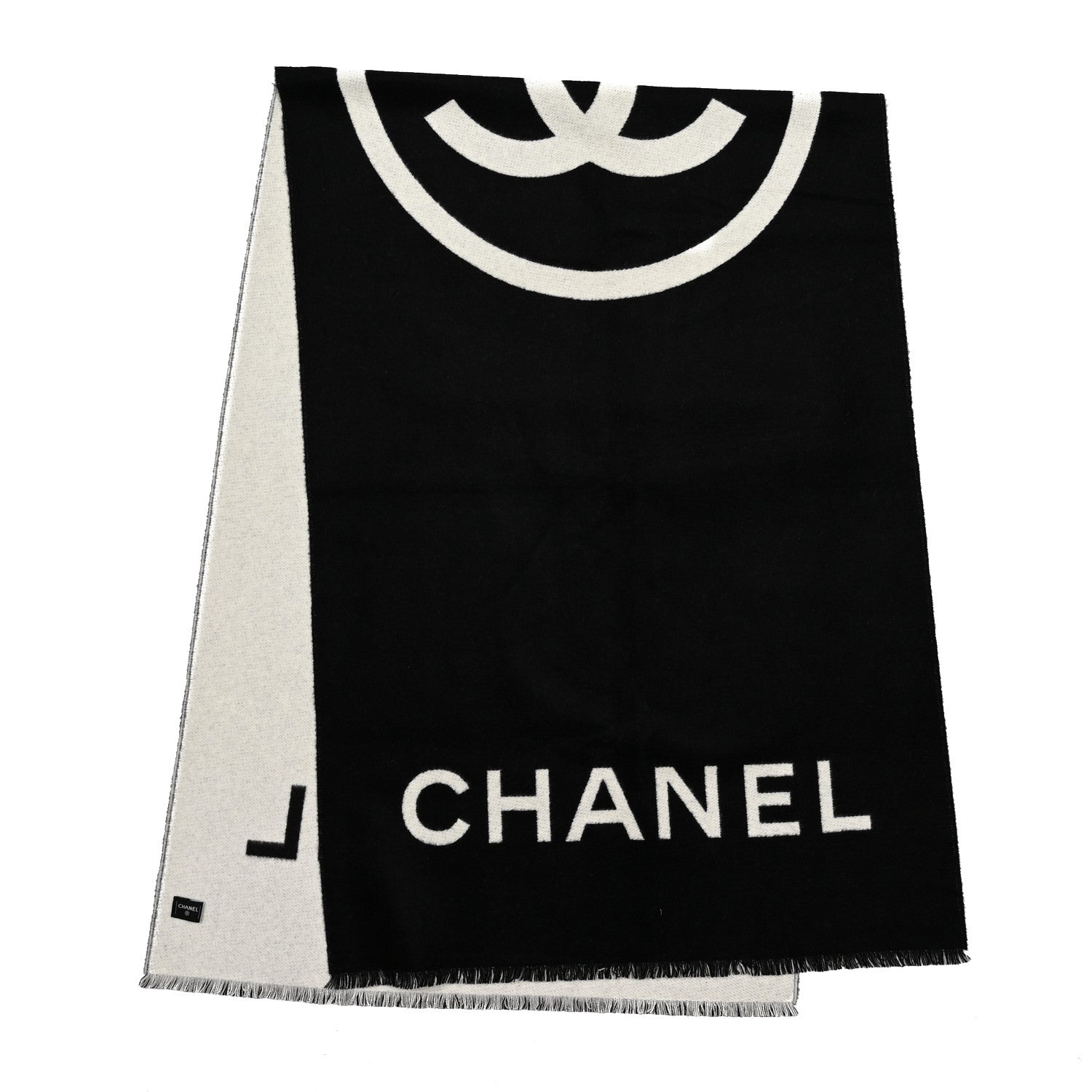 Chanel Cashmere CC Fringe Stole Black White 2 of 3