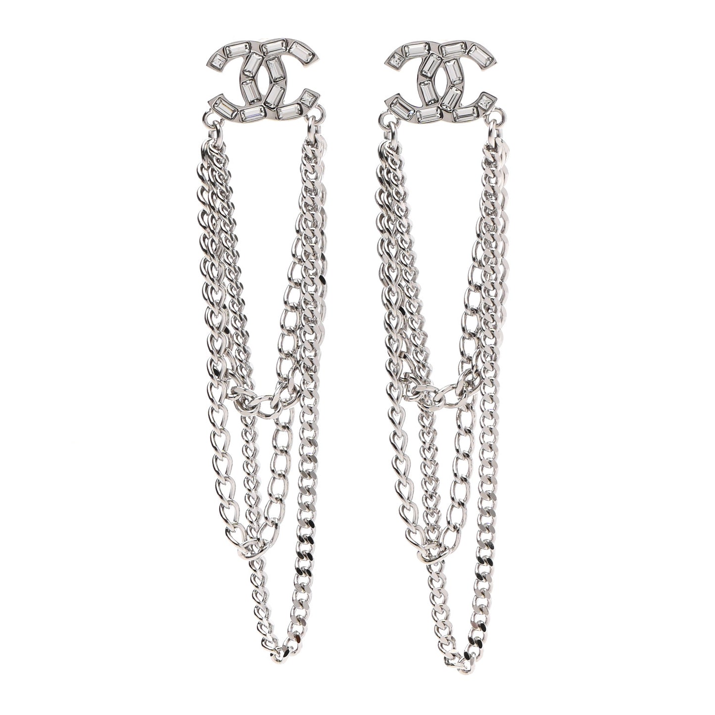 Crystal Baguette CC Chain Drop Earrings Silver