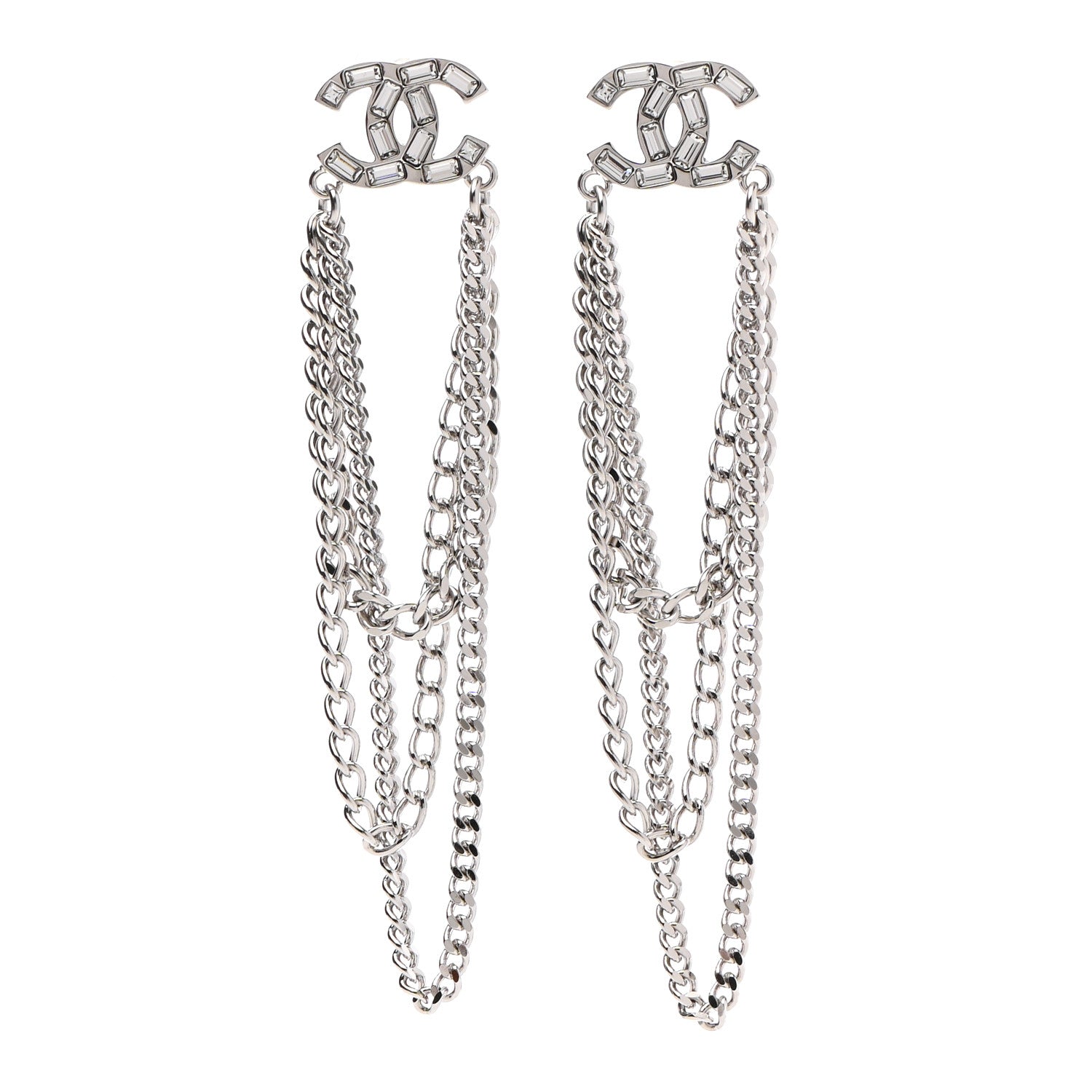 Chanel Crystal Baguette CC Chain Drop Earrings Silver 1 of 4