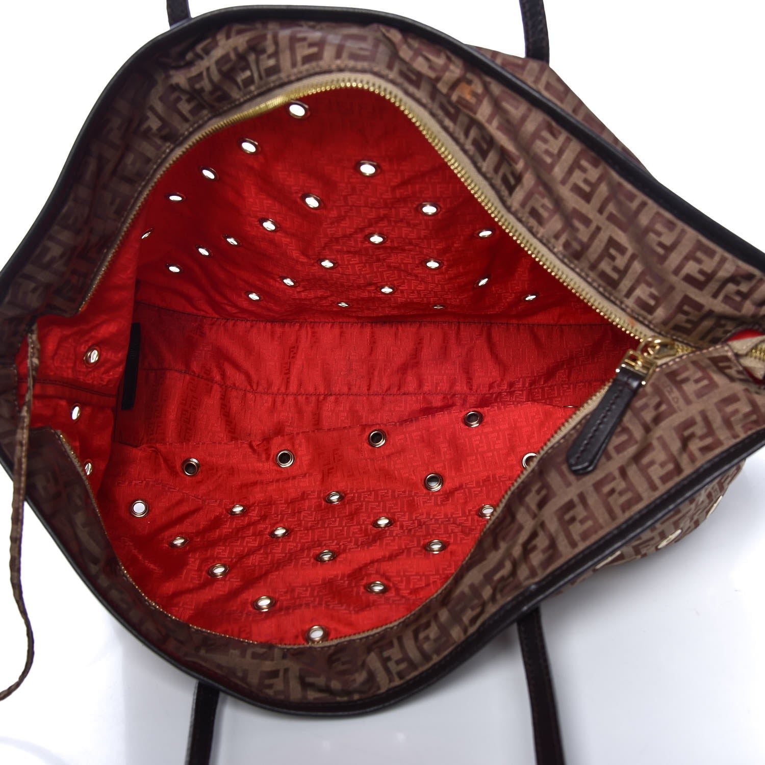 Fendi Nylon Zucchino Grommet Medium Roll Tote Mogano Panna Red Moro 6 of 12