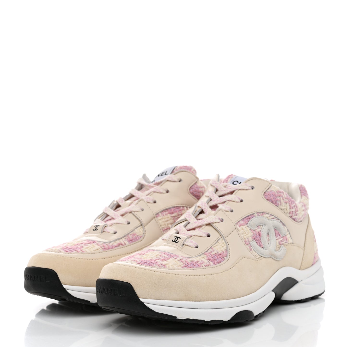Tweed Suede Calfskin Womens CC Sneakers 39.5 Pink Ecru