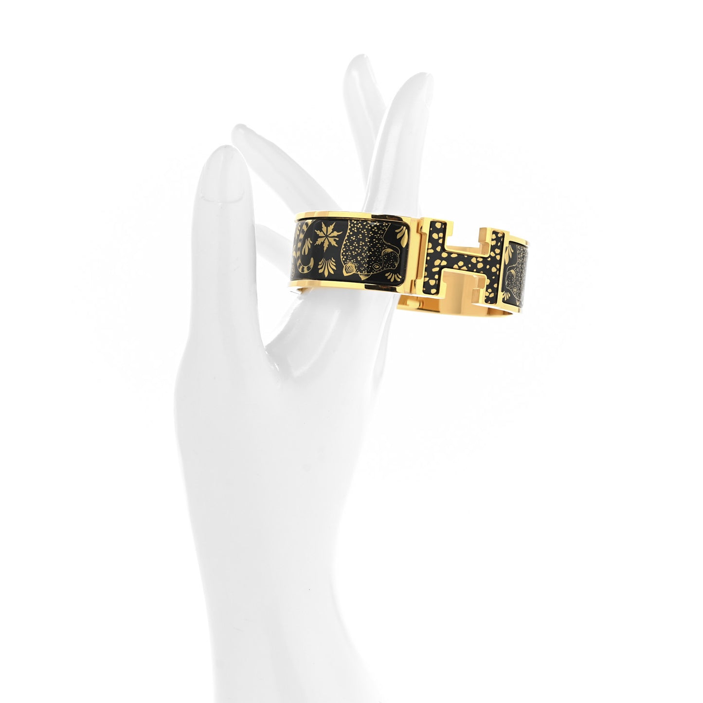 Enamel Printed Wide Les Leopards Clic Clac H Bracelet GM Black Gold