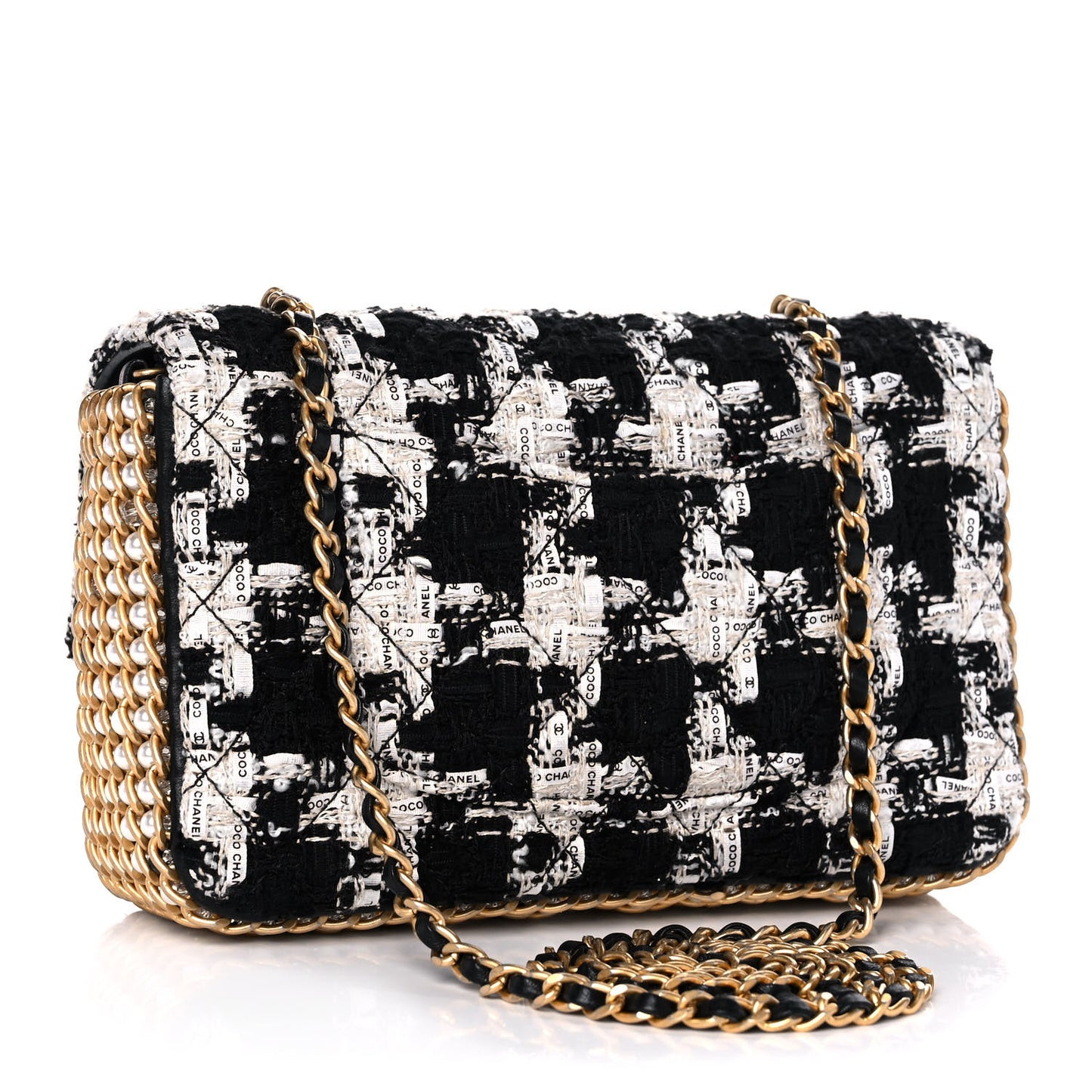Tweed Quilted Mini Side Pearl Flap Bag Black Ecru White