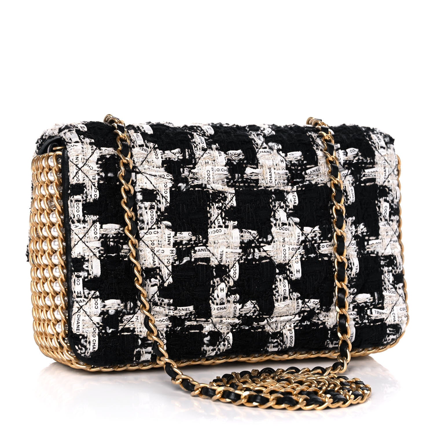 Chanel Tweed Quilted Mini Side Pearl Flap Bag Black Ecru White 3 of 13