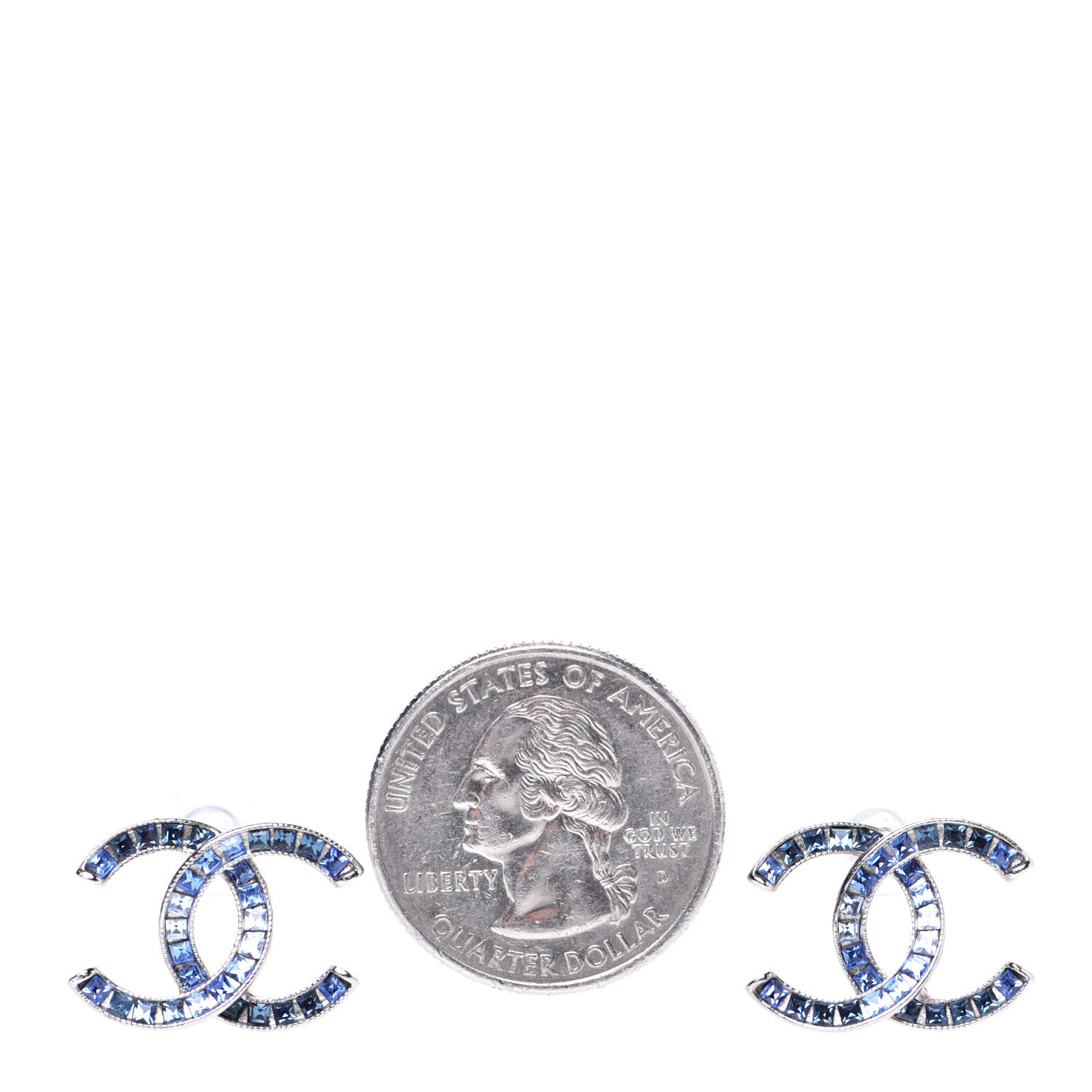 Chanel Baguette Crystal CC Earrings Silver Blue 2 of 4