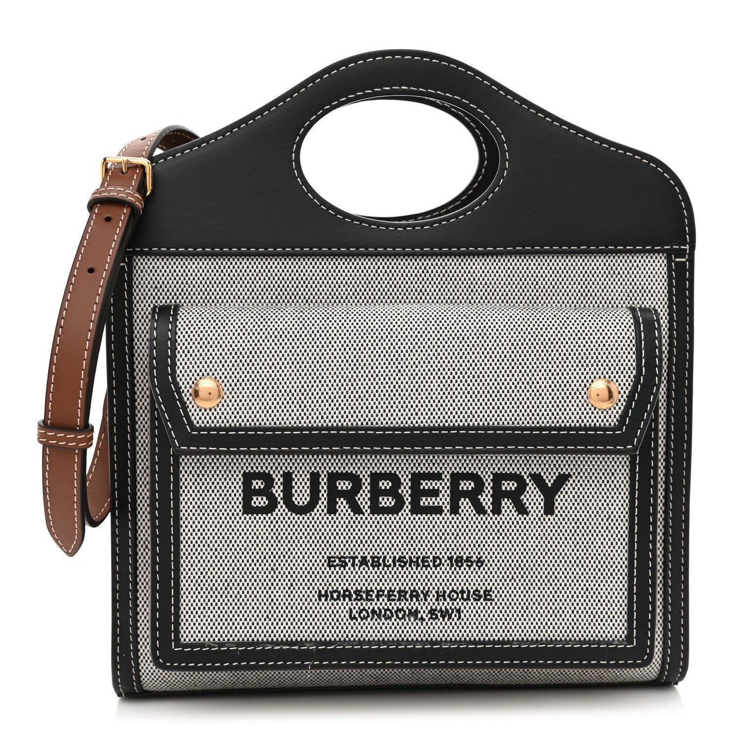 Burberry Smooth Calfskin Canvas Two Tone Mini Pocket Bag Black Tan 1 of 9