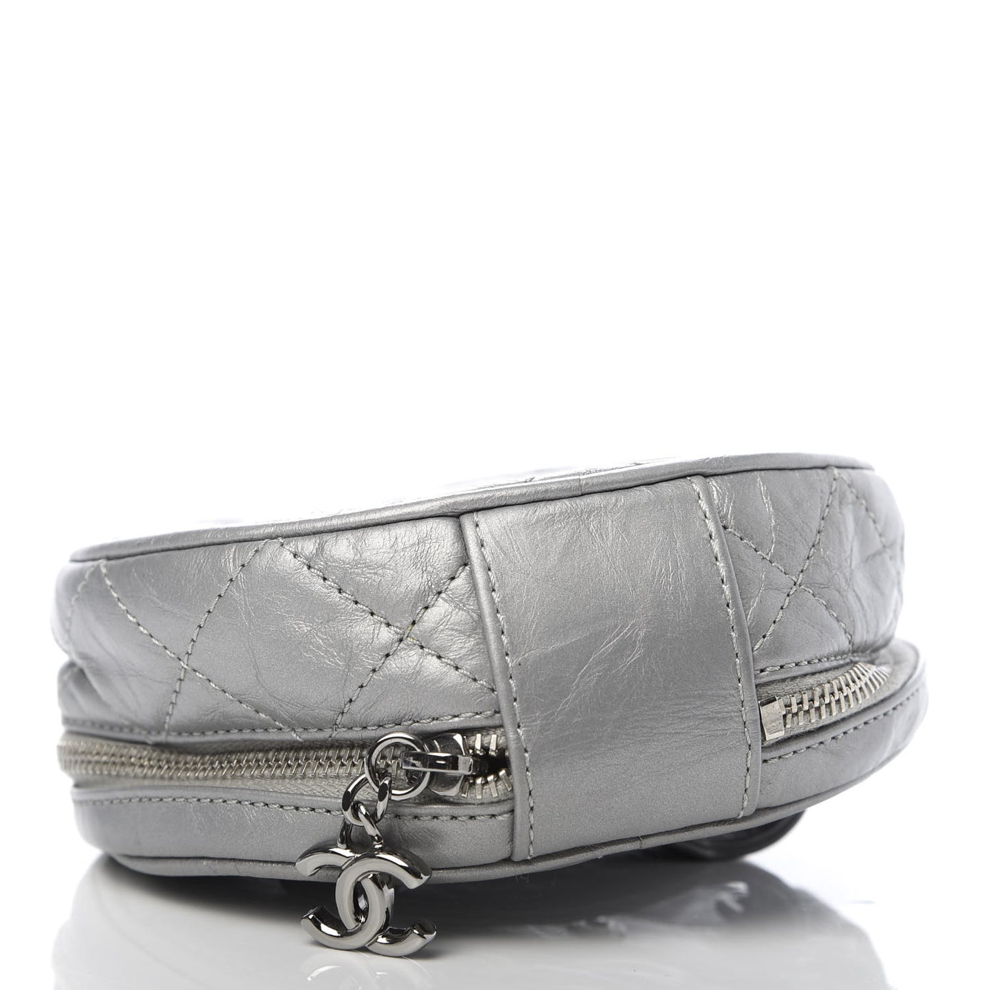 Metallic Aged Calfskin Quilted Round Bag Silver