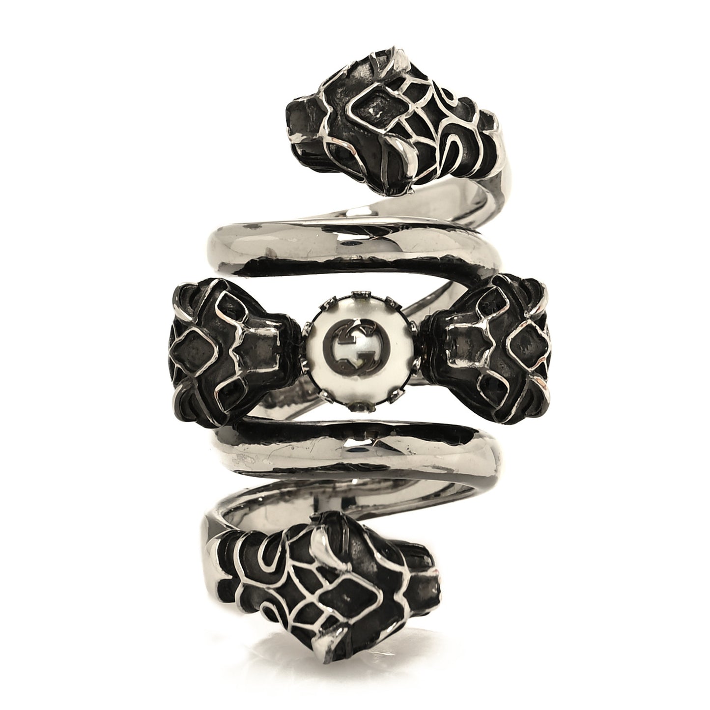 Metal Pearl Tiger Heads Double Wrap Ring S Silver