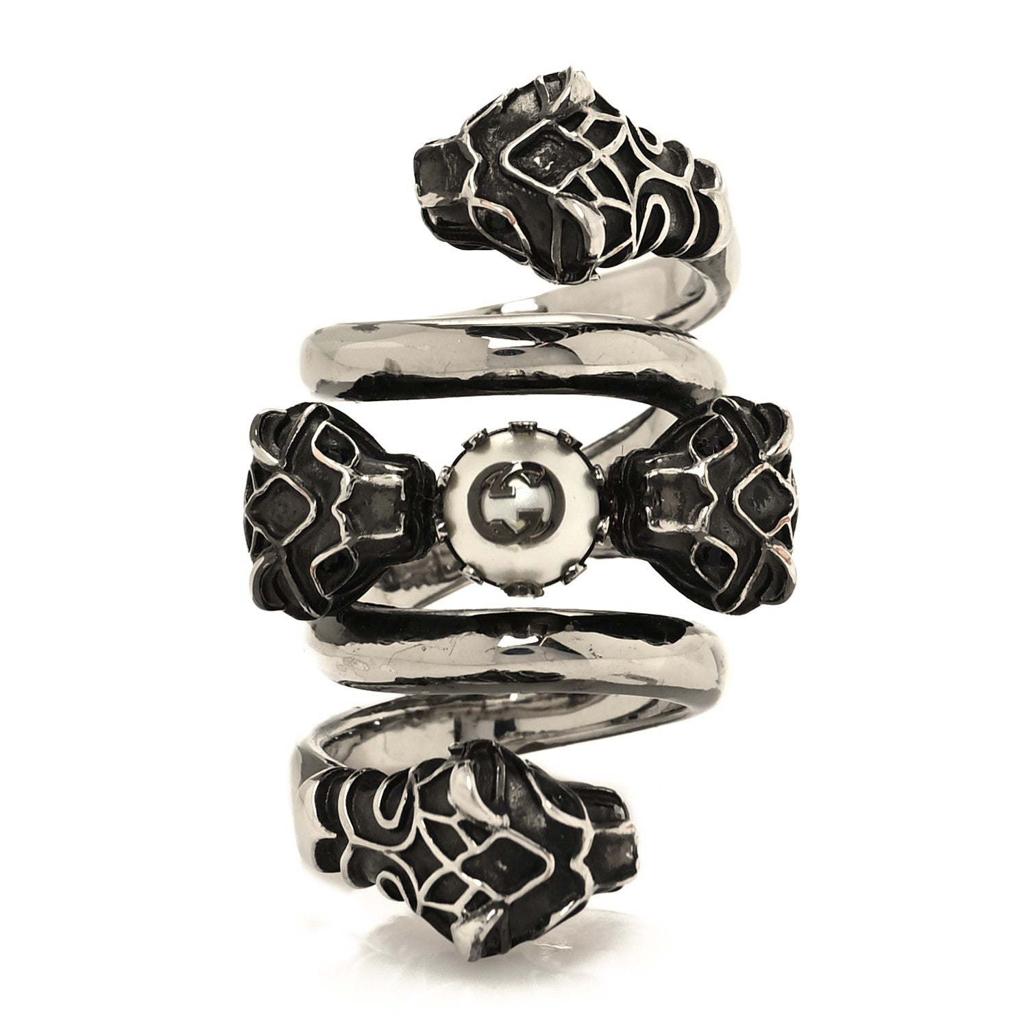 Gucci Metal Pearl Tiger Heads Double Wrap Ring S Silver 1 of 5
