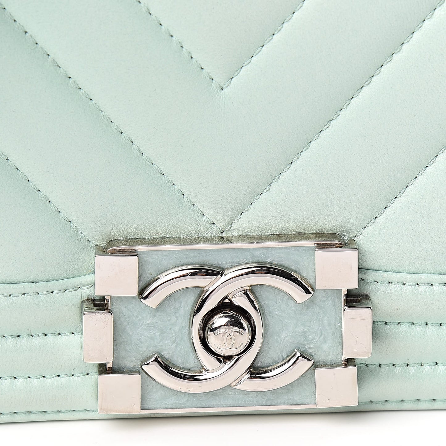 Iridescent Lambskin Chevron Quilted Small Boy Flap Turquoise