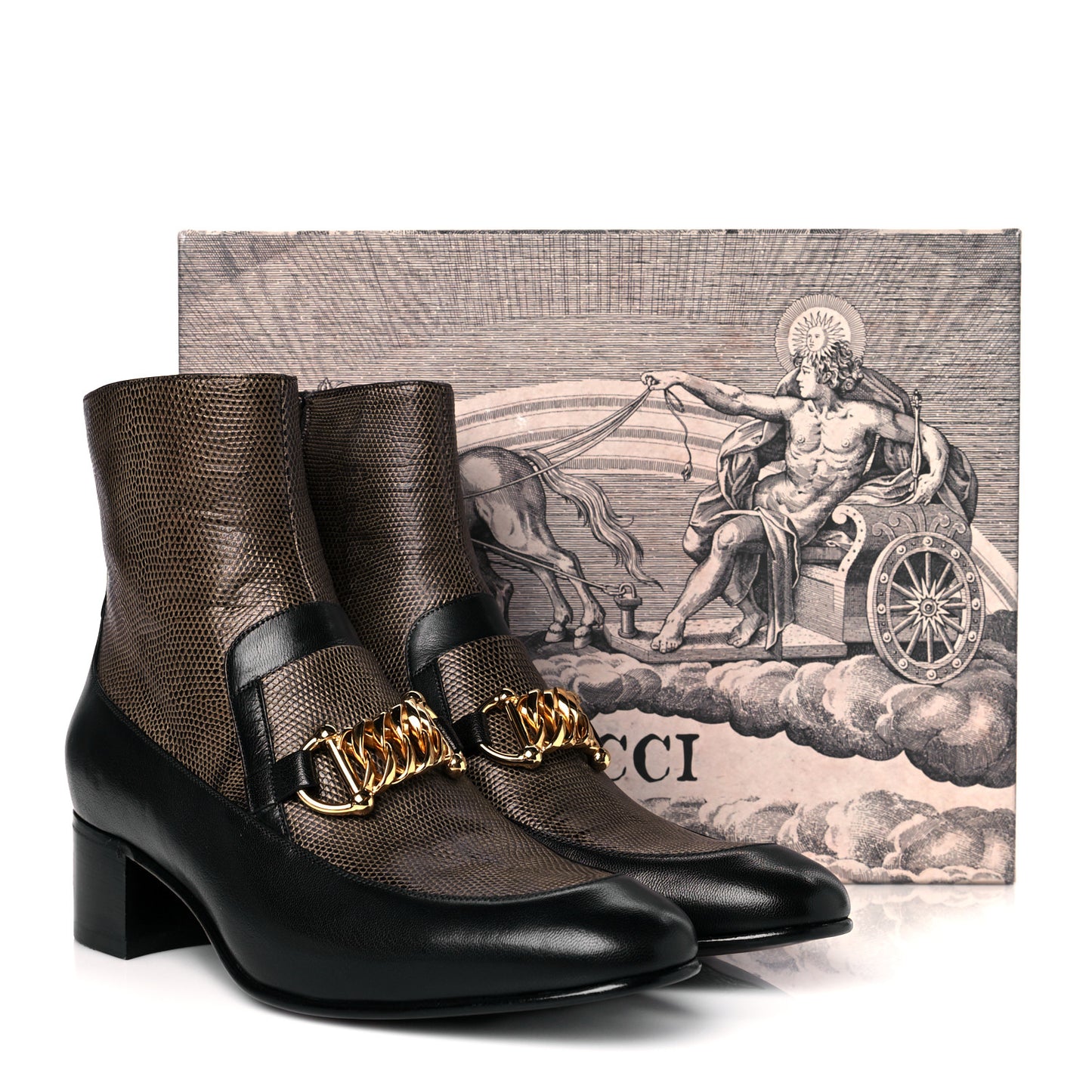Goatskin Lizard Mens Kitten Chain Horsebit Ankle Boots 11 Black Antique Grey