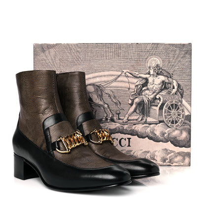 Gucci Goatskin Lizard Mens Kitten Chain Horsebit Ankle Boots 11 Black Antique Grey 11 of 11