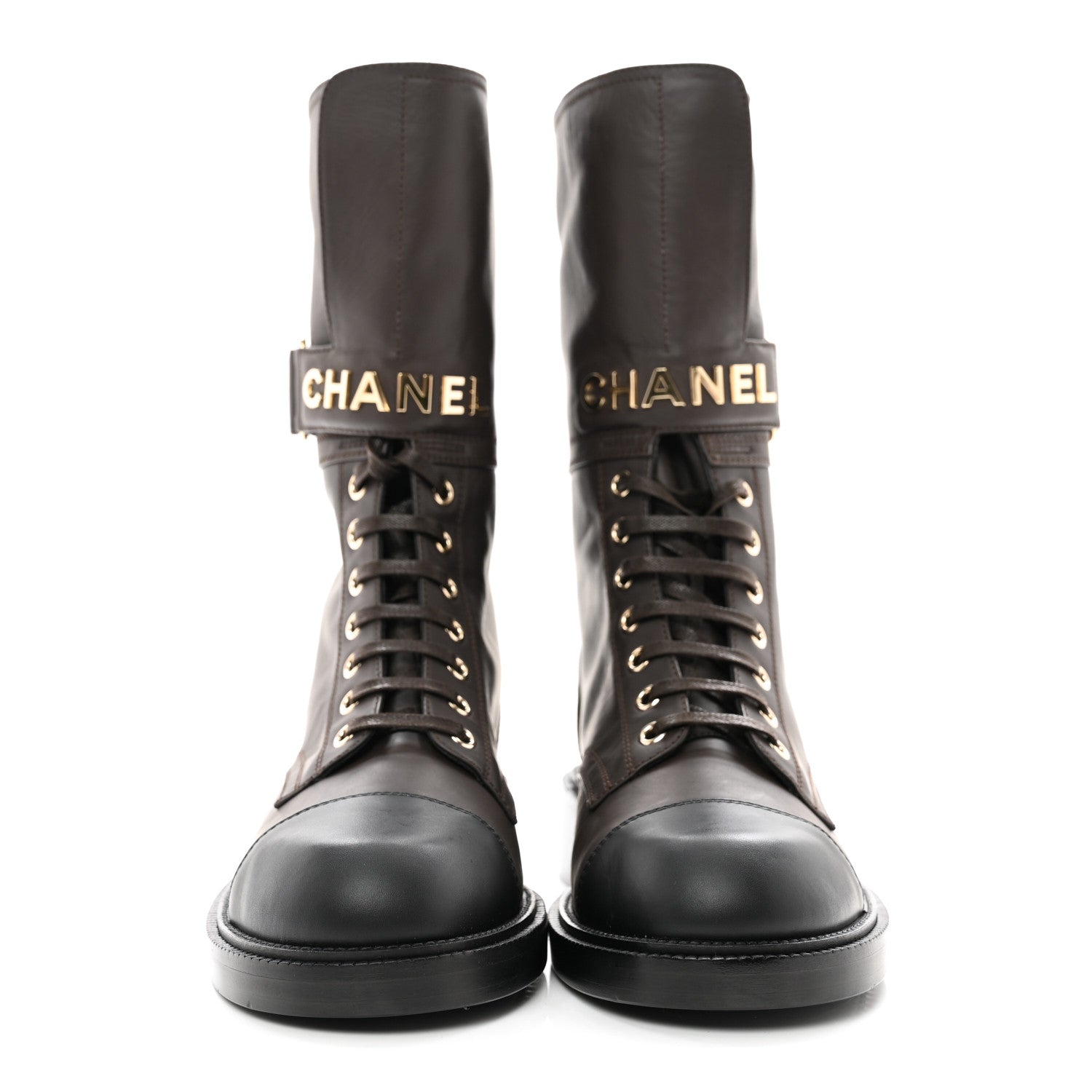Chanel Shiny Calfskin Lace Up Combat Boots 38.5 Dark Brown Black 2 of 9