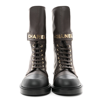 Chanel Shiny Calfskin Lace Up Combat Boots 38.5 Dark Brown Black 2 of 9